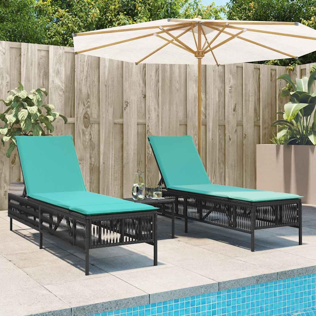 Liggestole 2 stk. med bord sort polyrattan
