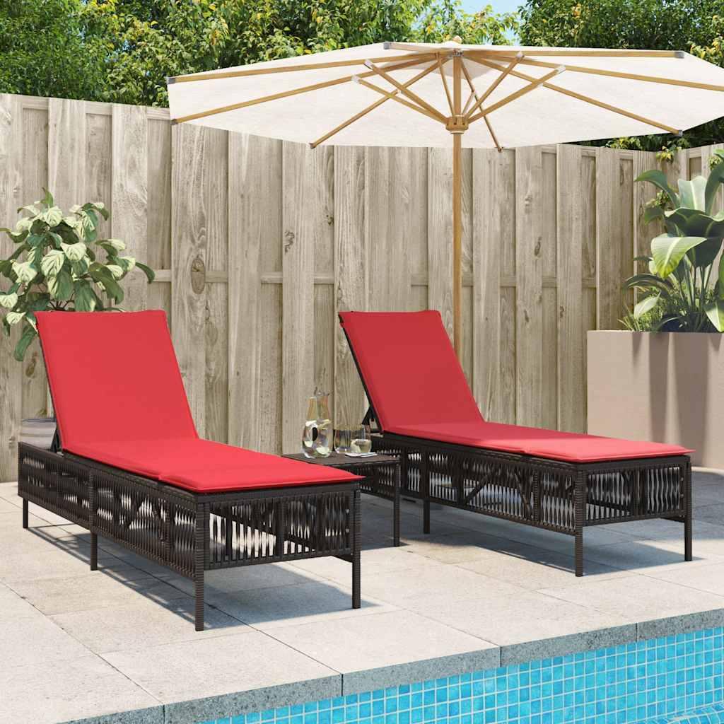 Liggestole 2 stk. med bord brun polyrattan