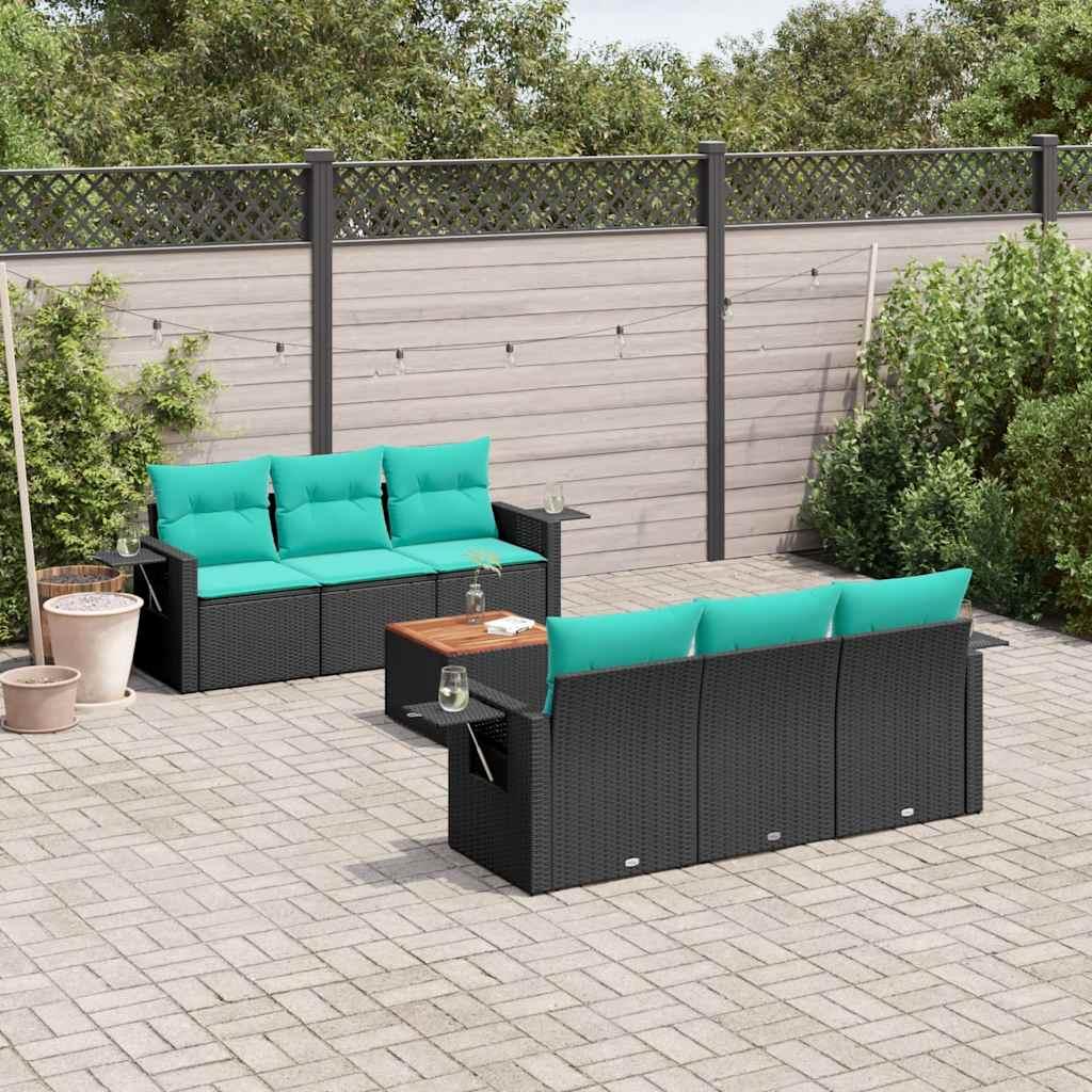 Havesofasæt i sort polyrattan med 7 blå hynder - modulært loungesæt