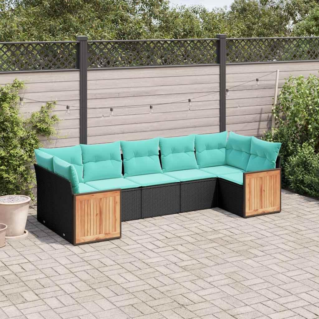 Havesofasæt i sort polyrattan med 7 blå hynder - modulært loungesæt med bord