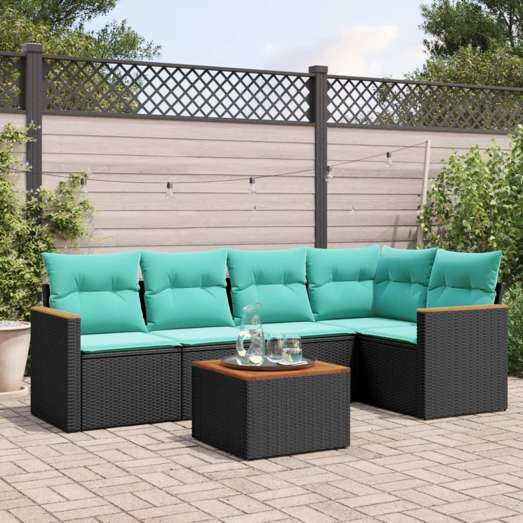 Havesofasæt i sort polyrattan med akacietræs-bord - 6 blå hynder