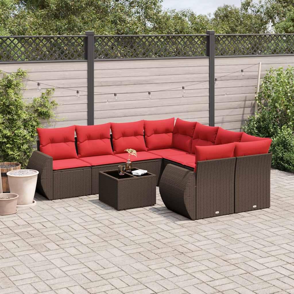 Havesofasæt i brun polyrattan med røde hynder - 9 dele