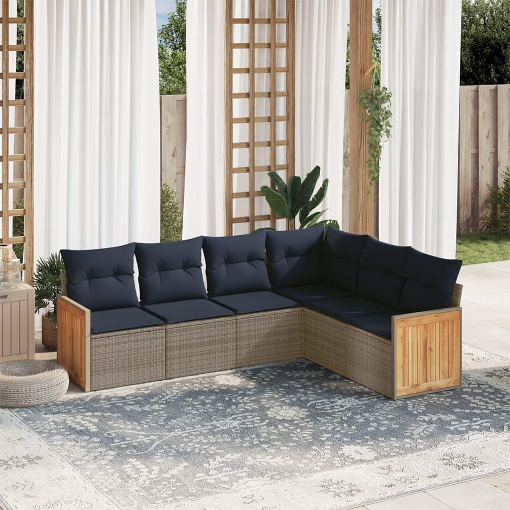 Havesofasæt i grå polyrattan - 6 dele med marineblå hynder