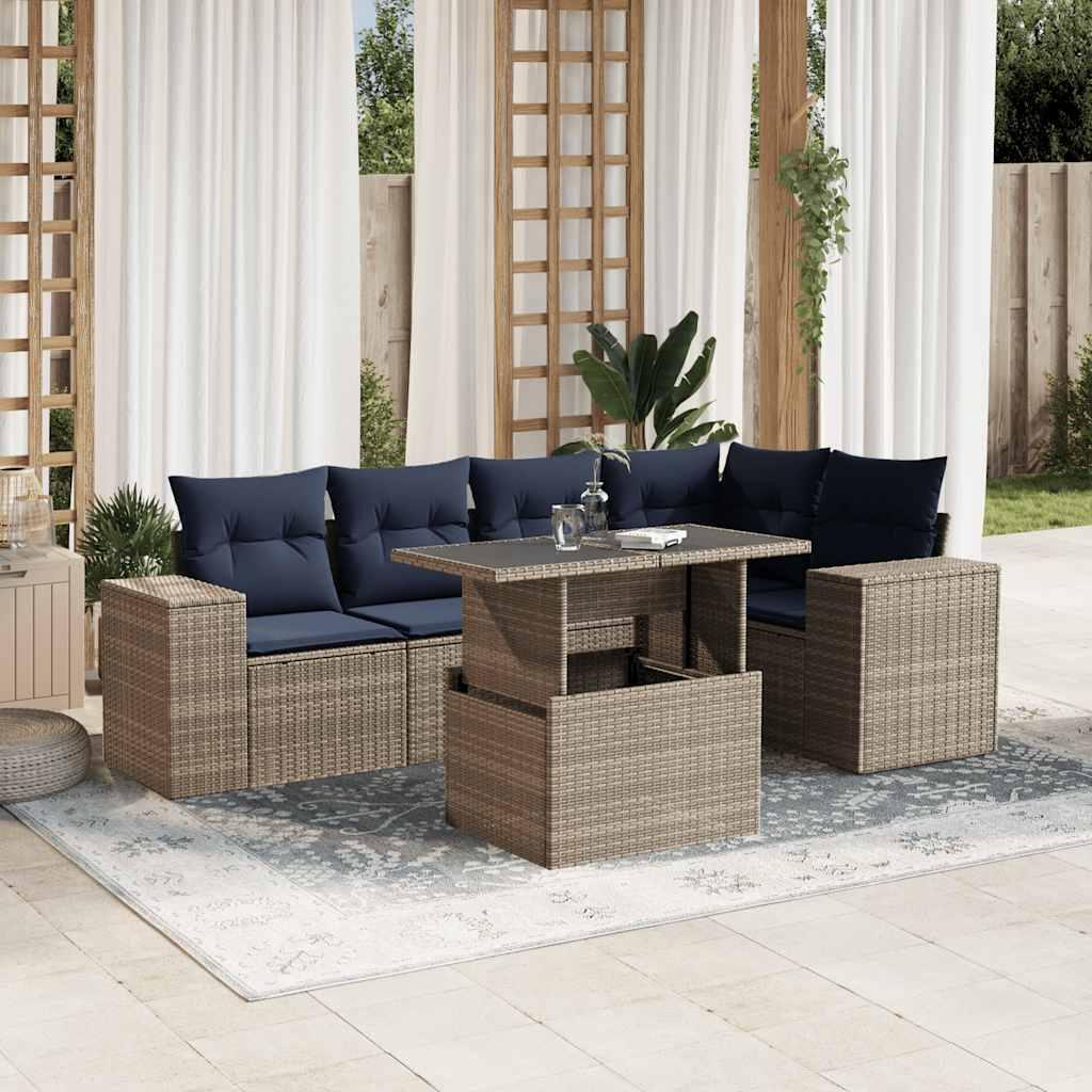 Havesofasæt i grå polyrattan - 6 dele med marineblå hynder og hæve/sænke-bord
