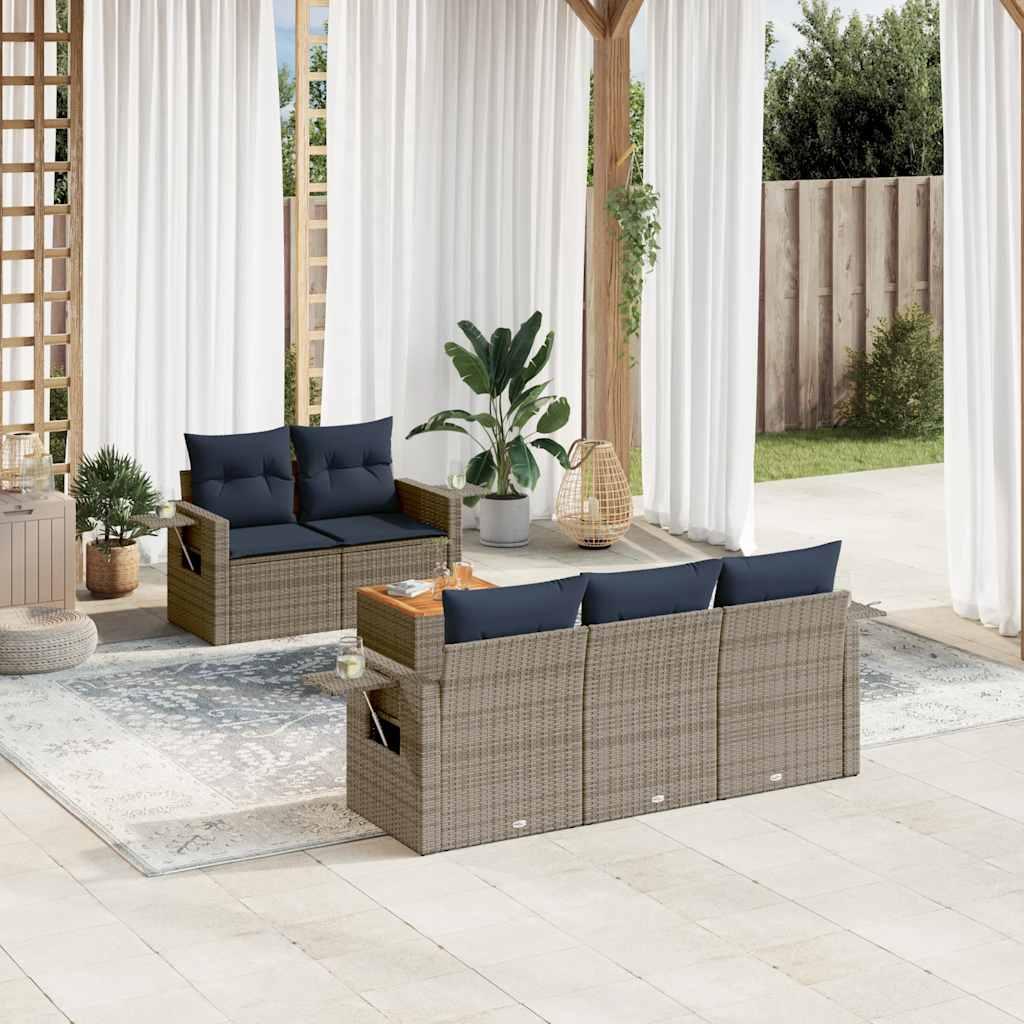 Havesofasæt i polyrattan - 6 dele med marineblå hynder, grå