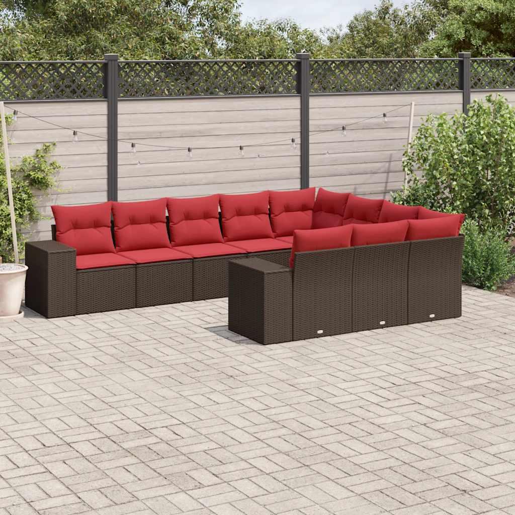 Havesofasæt i brun polyrattan med røde hynder - modulært loungesæt, 10 sædehynder