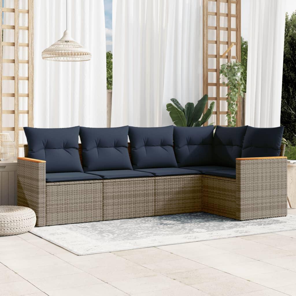 Havesofasæt i grå polyrattan med marineblå hynder - 5 dele, modulært loungesæt