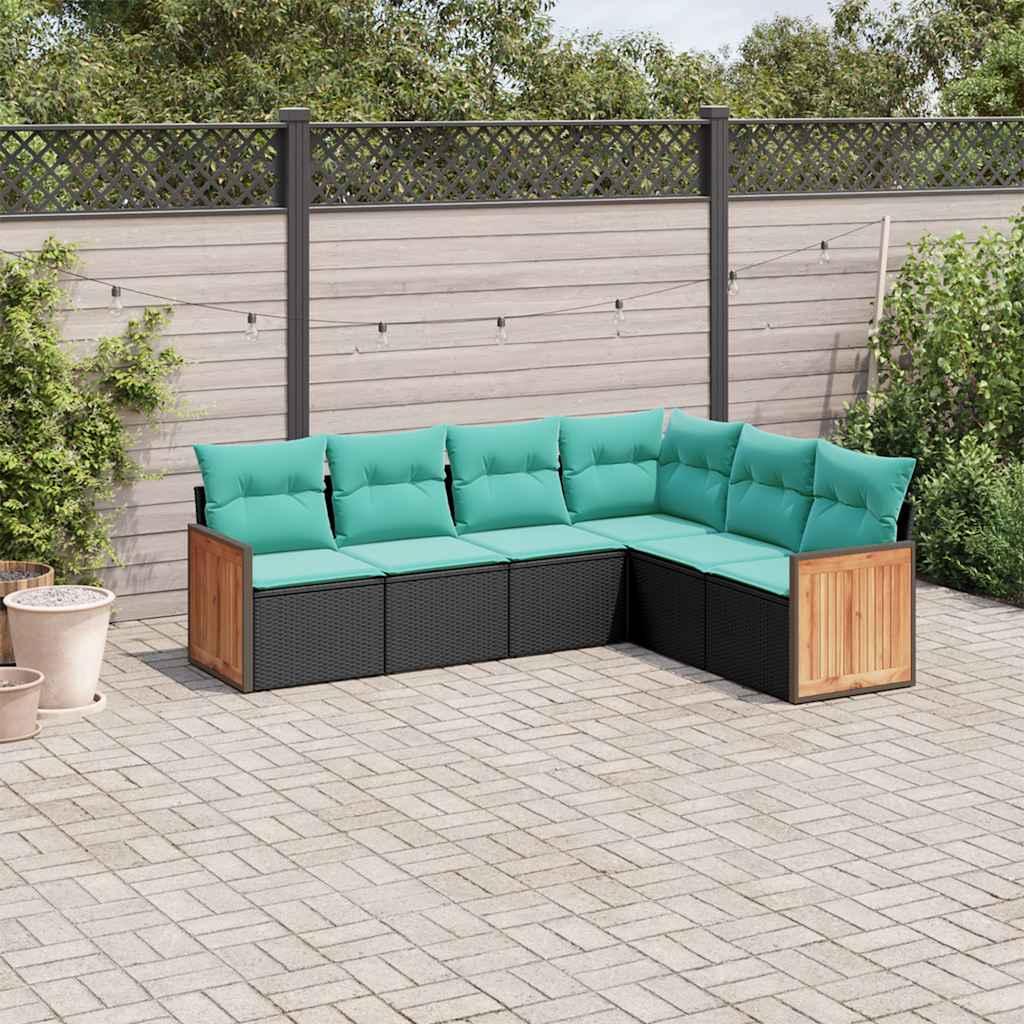 Havesofasæt i sort polyrattan med 6 blå hynder - modulært hjørnesæt