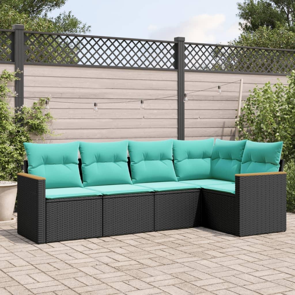Havesofasæt i sort polyrattan - 5 dele med blå hynder
