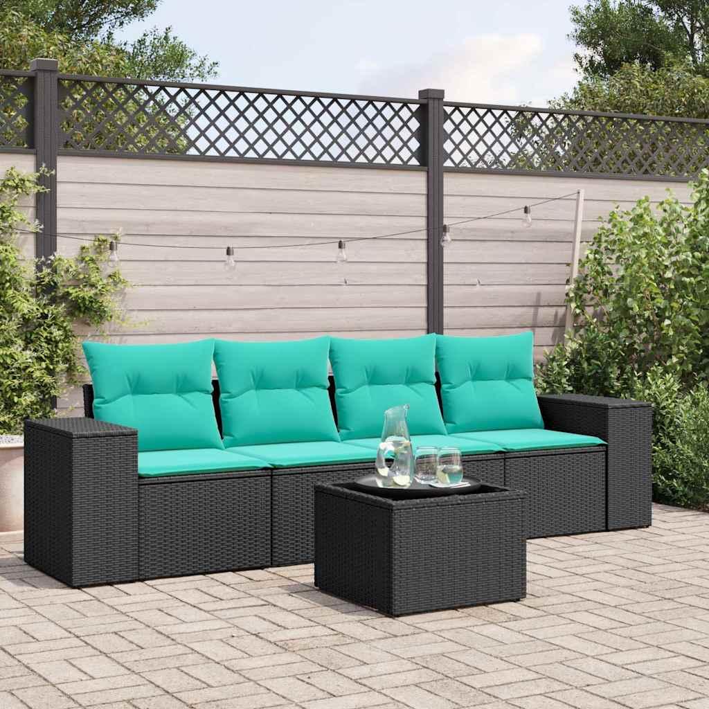 Havesofasæt i polyrattan med hynder - 5 dele, sort/blå