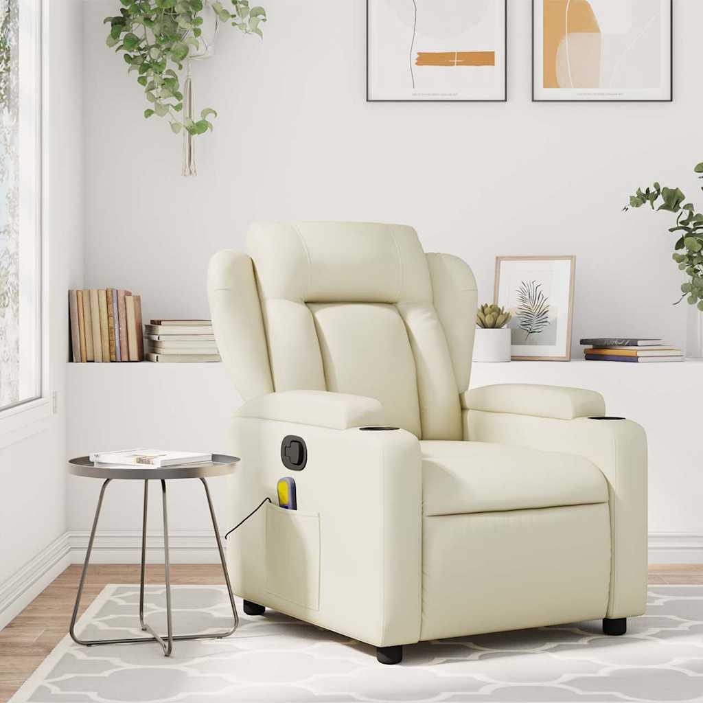 Massagestol i cremefarvet kunstlæder - manuel recliner med 6-punkts vibrationsmassage