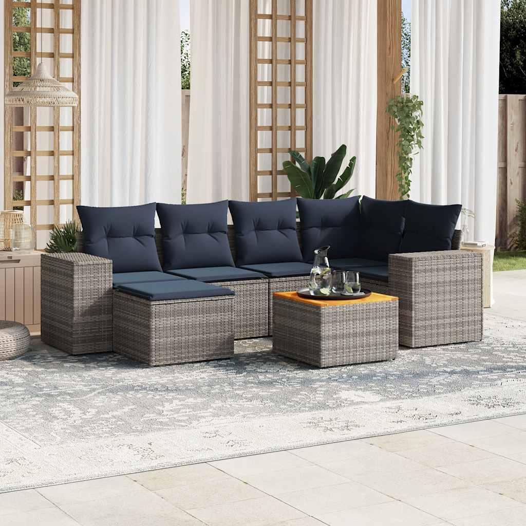 Havesofasæt i 7 dele med hynder - grå polyrattan