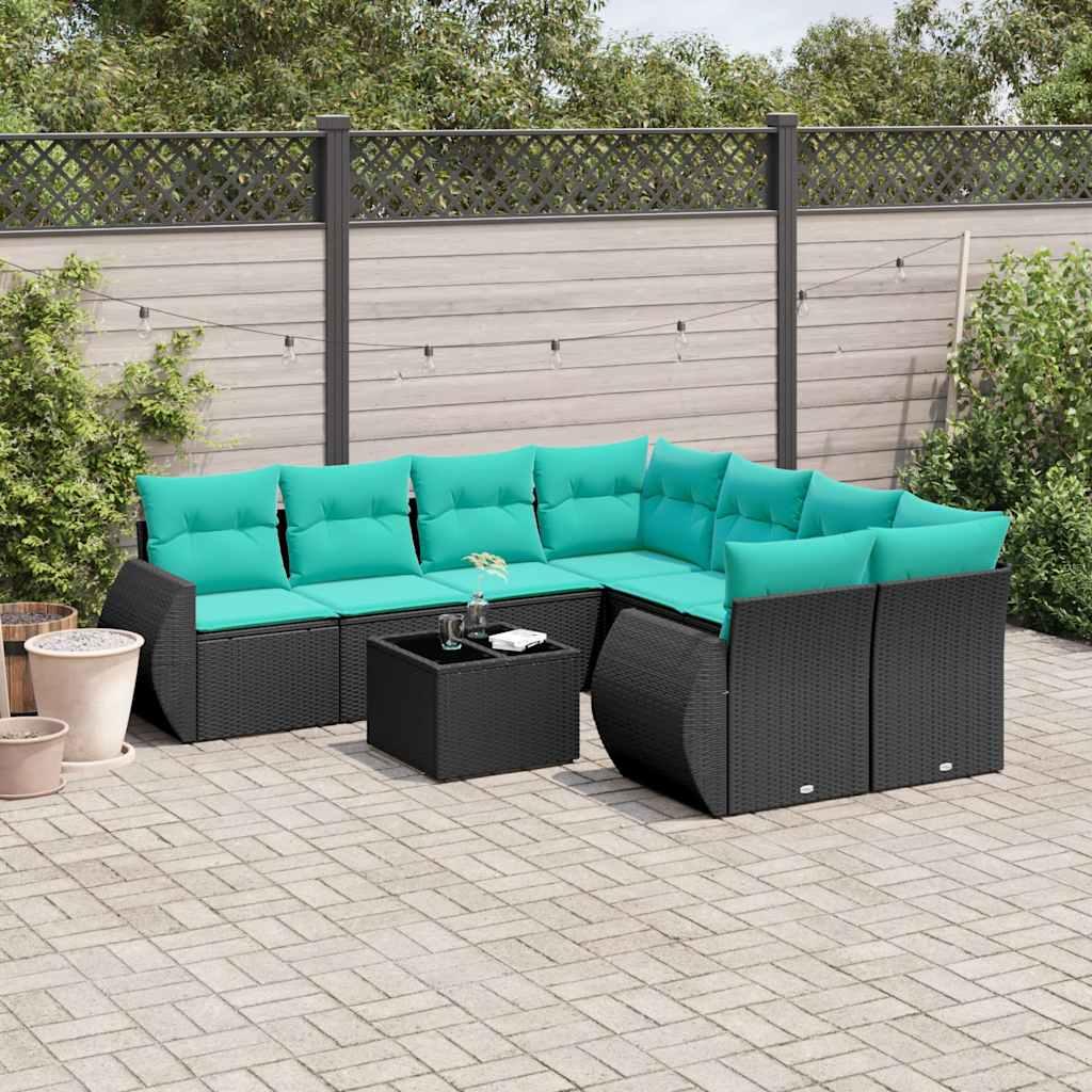 Havesofasæt i sort polyrattan med blå hynder - 9 dele, modulært