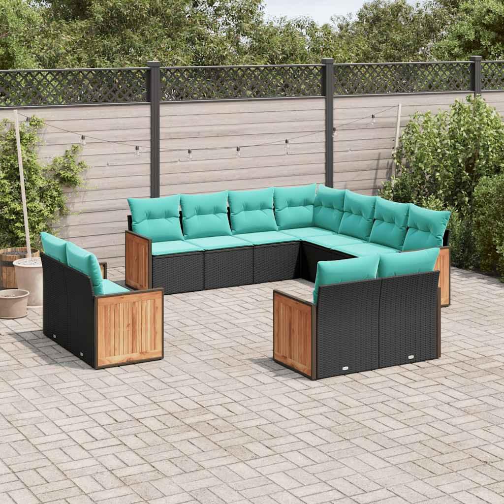 11-delt havesofasæt i sort polyrattan med blå hynder - modulært loungesæt