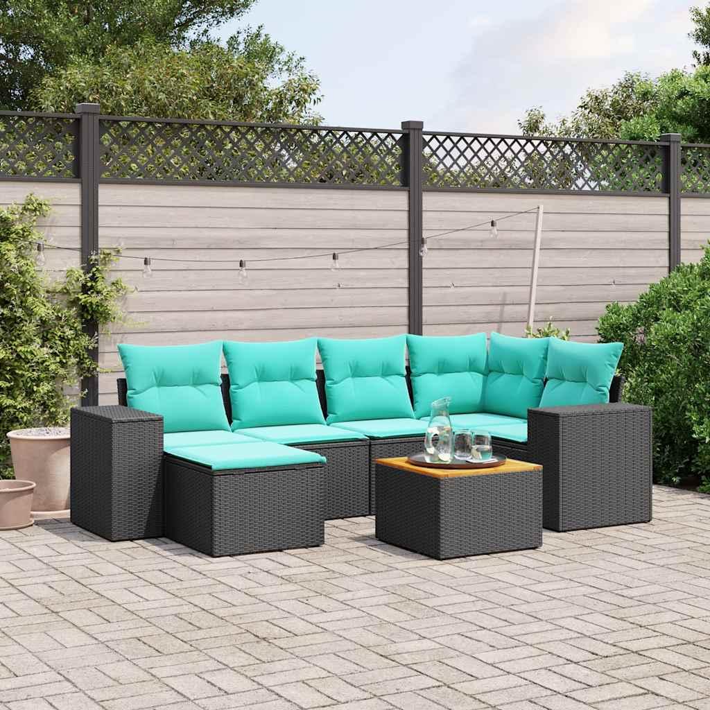 Havesofasæt i sort polyrattan med 7 blå hynder - modulært loungesæt