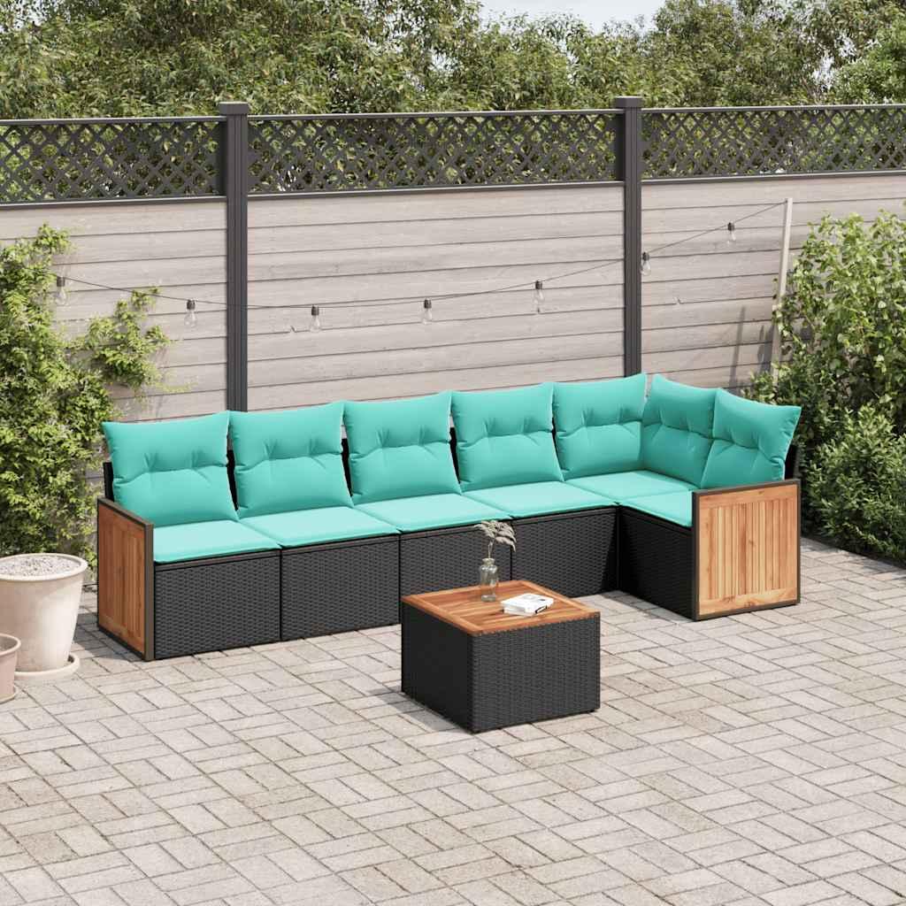 Havesofasæt i sort polyrattan med bord og 7 blå hynder