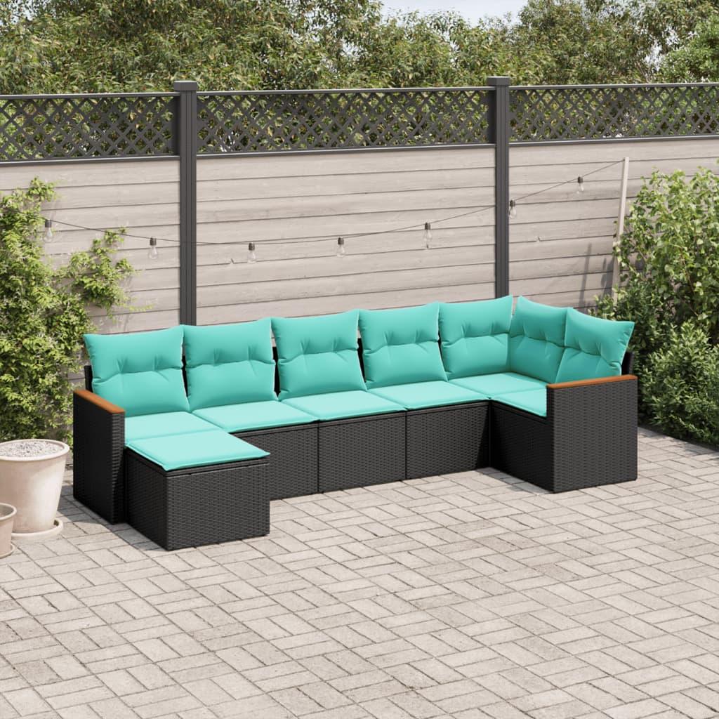 Havesofasæt i sort polyrattan med 7 blå hynder - modulært loungesæt
