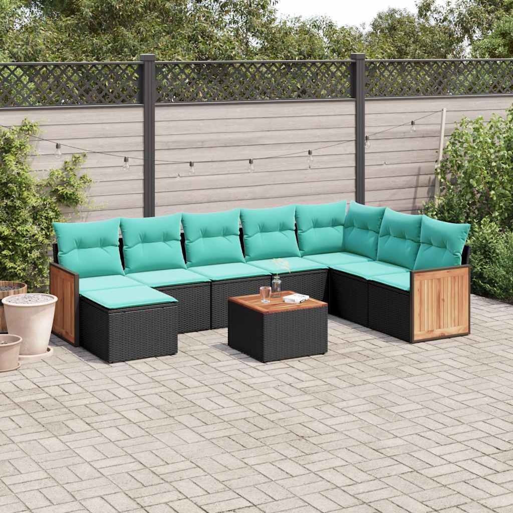 Havesofasæt i sort polyrattan med 9 dele og blå hynder