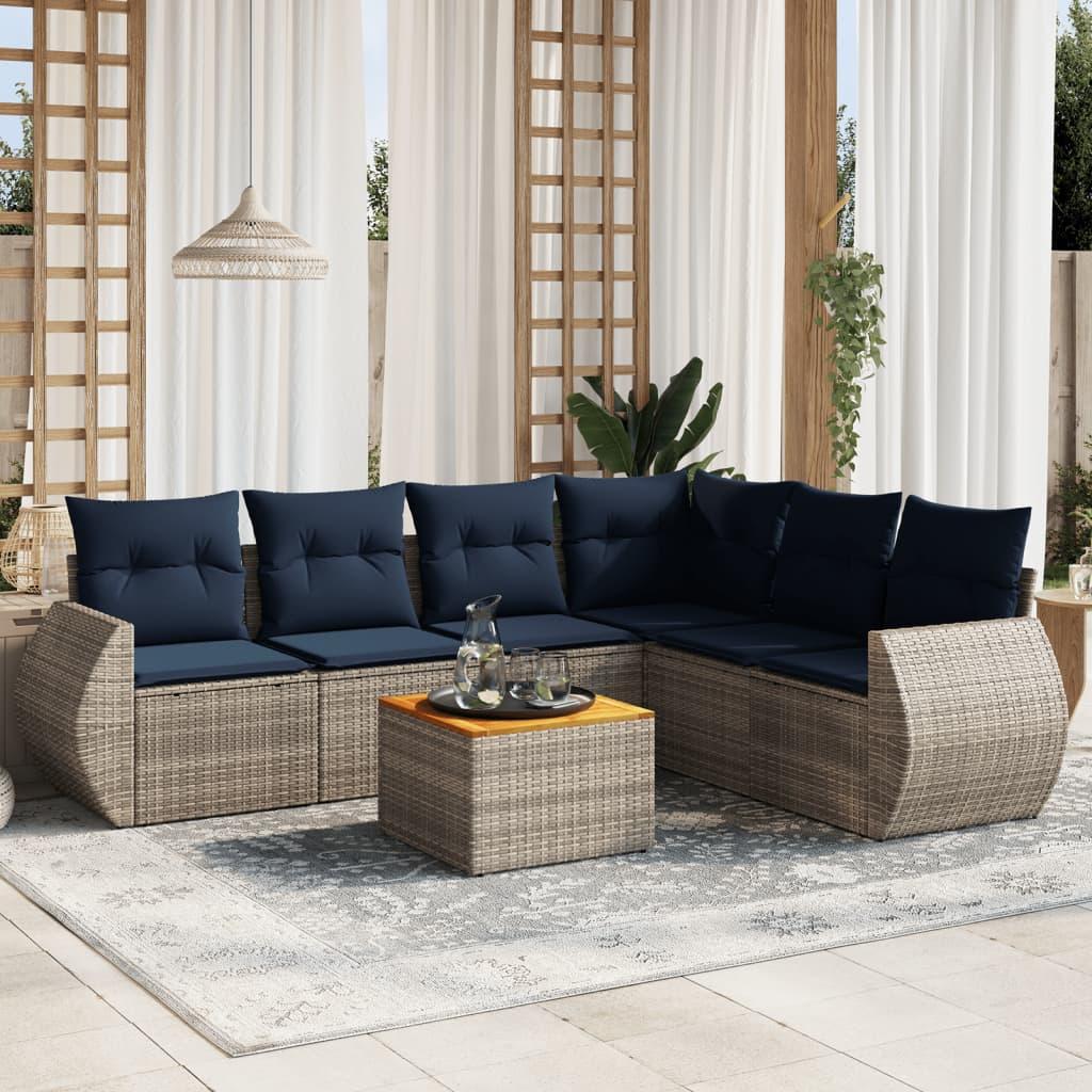 Havesofasæt i grå polyrattan med marineblå hynder - 7 dele, modulært loungesæt