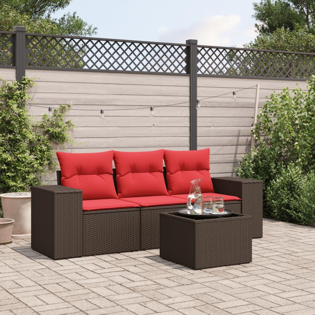 Havesofasæt med 4 dele og hynder brun polyrattan