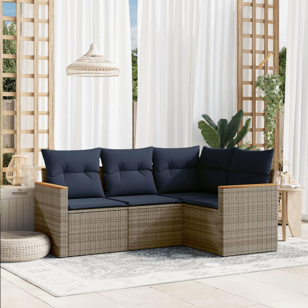 Havesofasæt med 4 dele i grå polyrattan - inkl. marineblå hynder