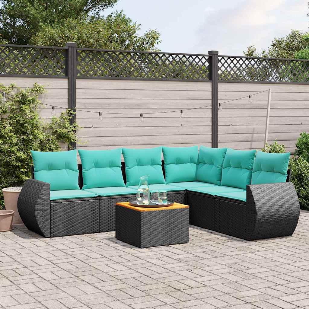 Havesofasæt i sort polyrattan med 7 blå hynder - modulært hjørnesæt og bord med akacietræ