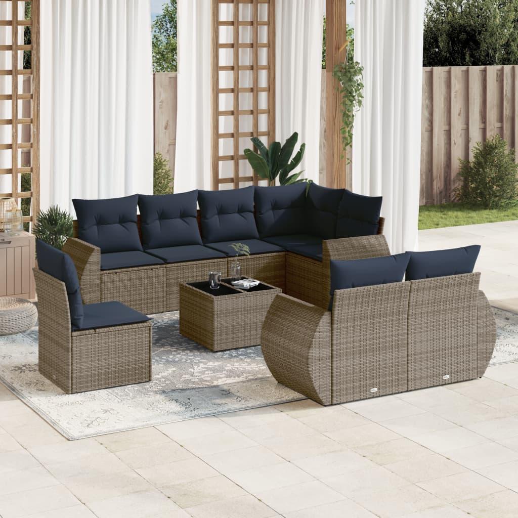 Havesofasæt i polyrattan - 9 dele med hynder, grå