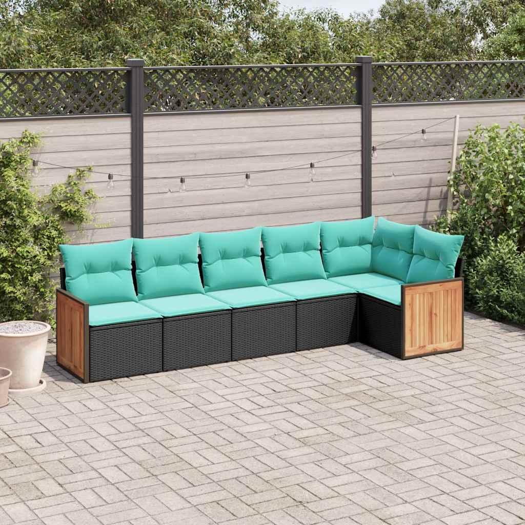 Havesofasæt i sort polyrattan med 6 blå hynder - modulopbygget hjørnesofa