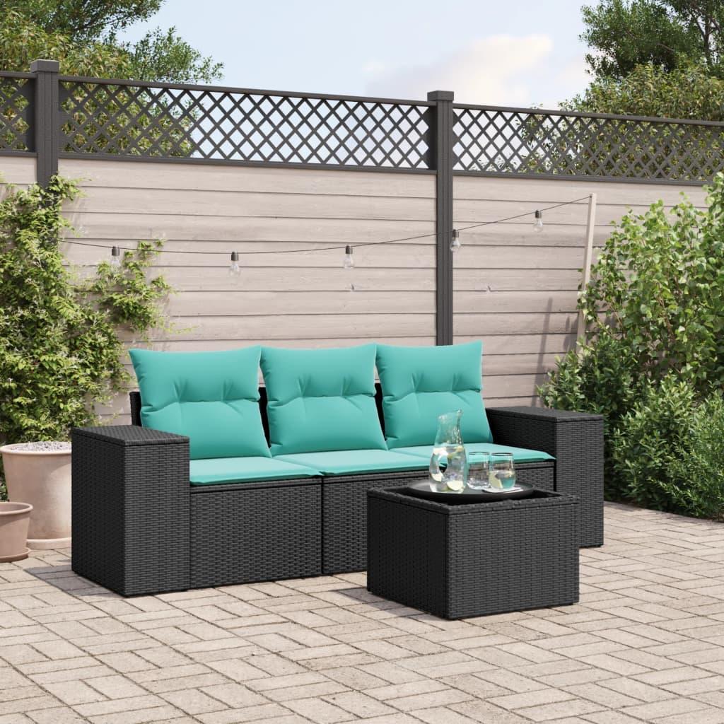 Havesofasæt med 4 dele og hynder sort polyrattan