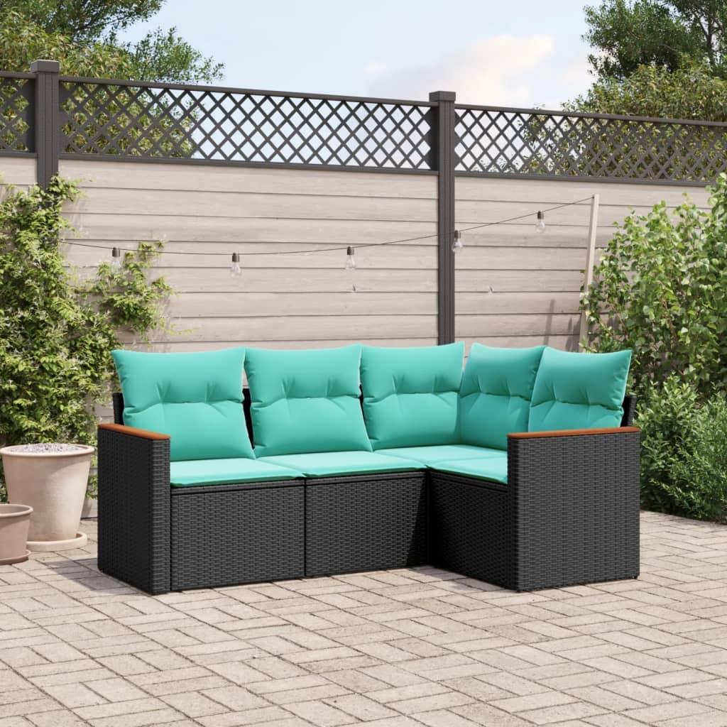 Havesofasæt med 4 dele og hynder sort polyrattan
