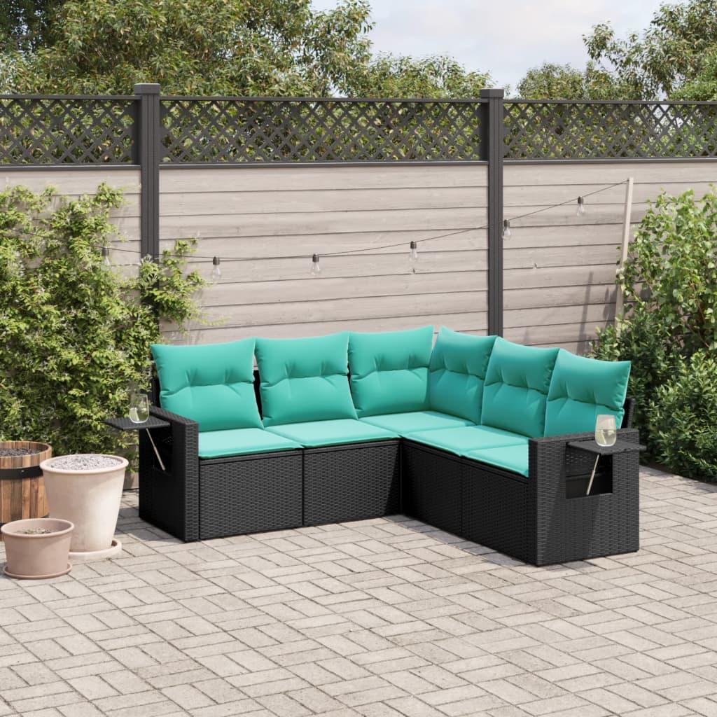 Havesofasæt i sort polyrattan med 5 dele og blå hynder