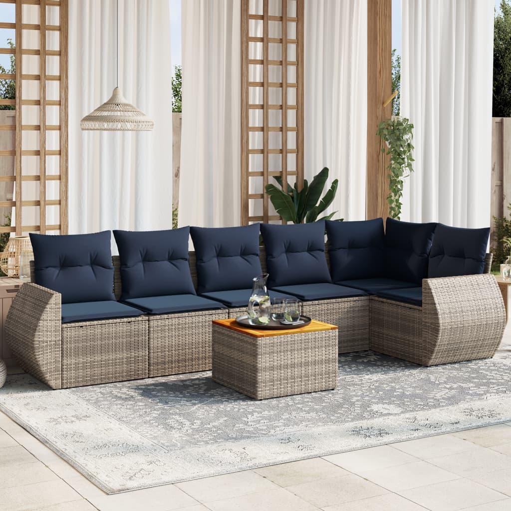 Havesofasæt i polyrattan - 7 dele med marineblå hynder, grå