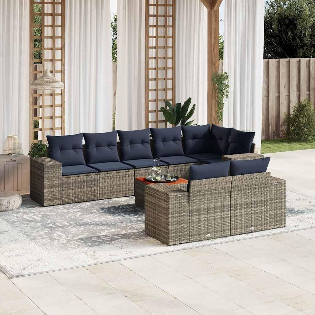 Havesofasæt i grå polyrattan med hynder - 9 dele
