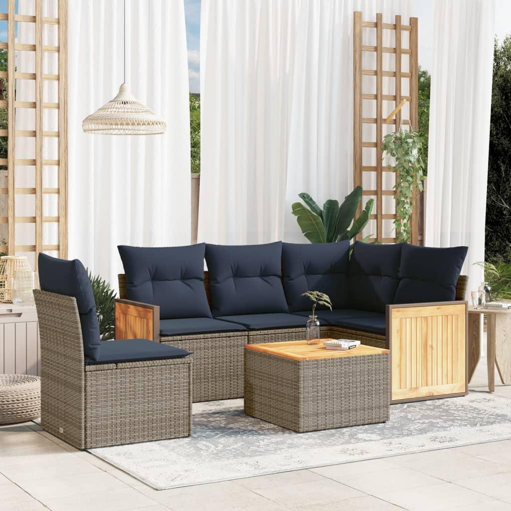 Havesofasæt i grå polyrattan - 6 dele med marineblå hynder