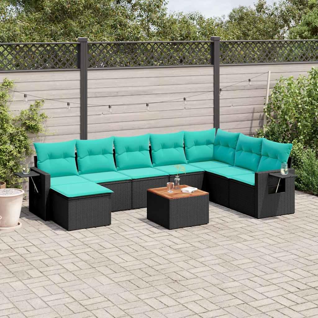 Havesofasæt i sort polyrattan med 9 dele og blå hynder
