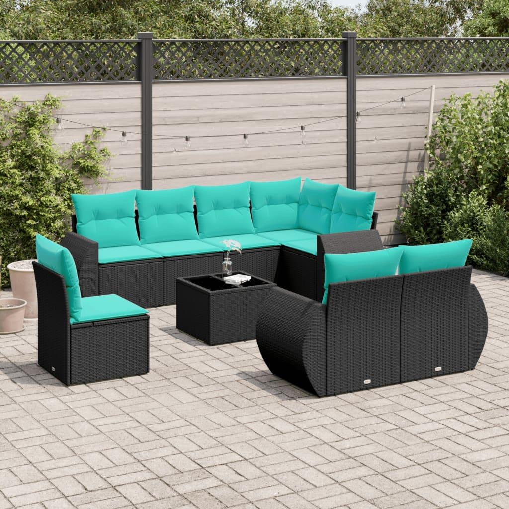 Havesofasæt i sort polyrattan - 9 dele med blå hynder