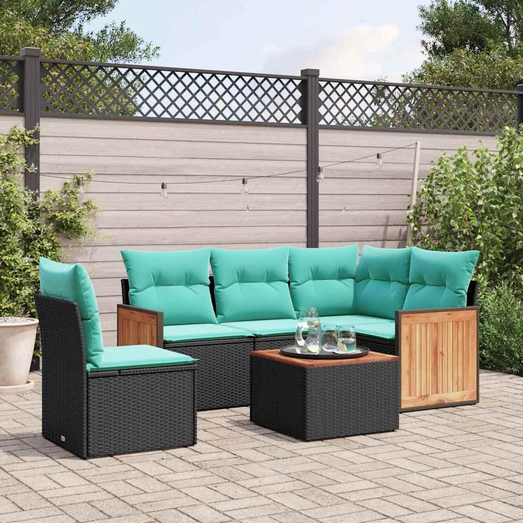 Havesofasæt i sort polyrattan med akacietræsbord - 6 blå hynder