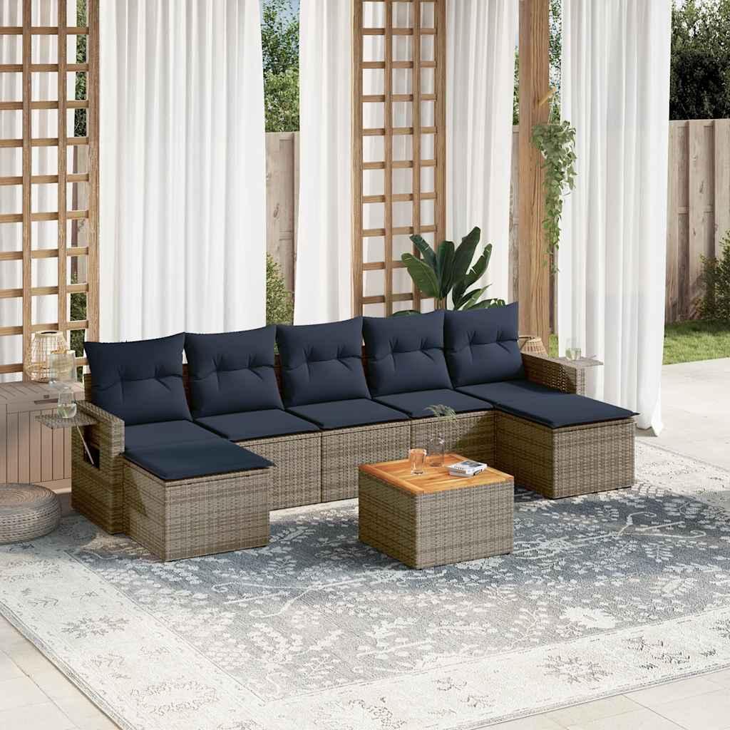 Havesofasæt i grå polyrattan med 8 marineblå hynder - modulært loungesæt