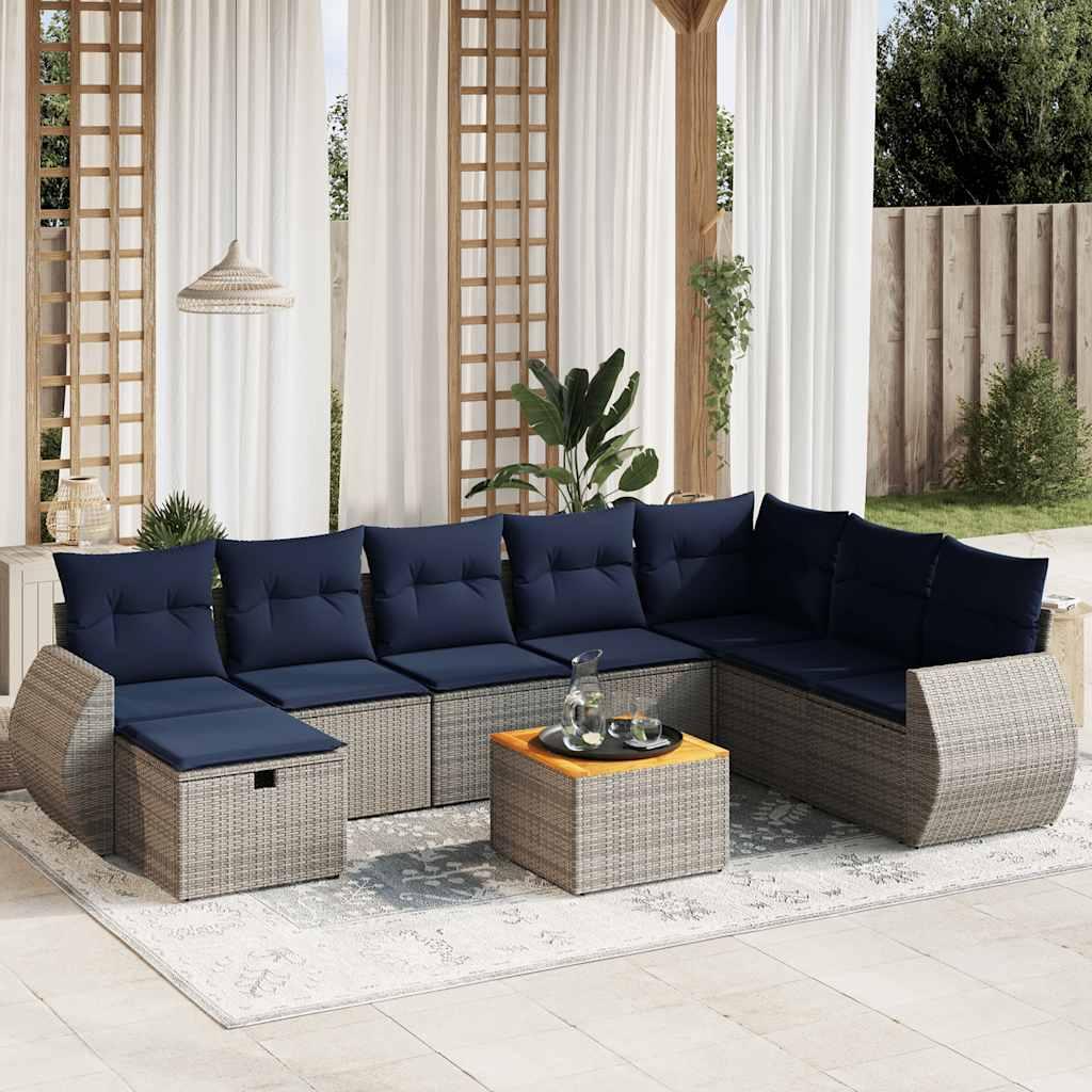 Havesofasæt i polyrattan - 9 dele med marineblå hynder, grå
