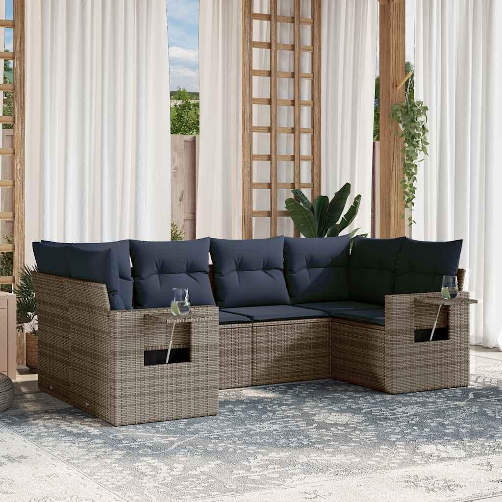 Havesofasæt med 6 dele i grå polyrattan - med marineblå hynder