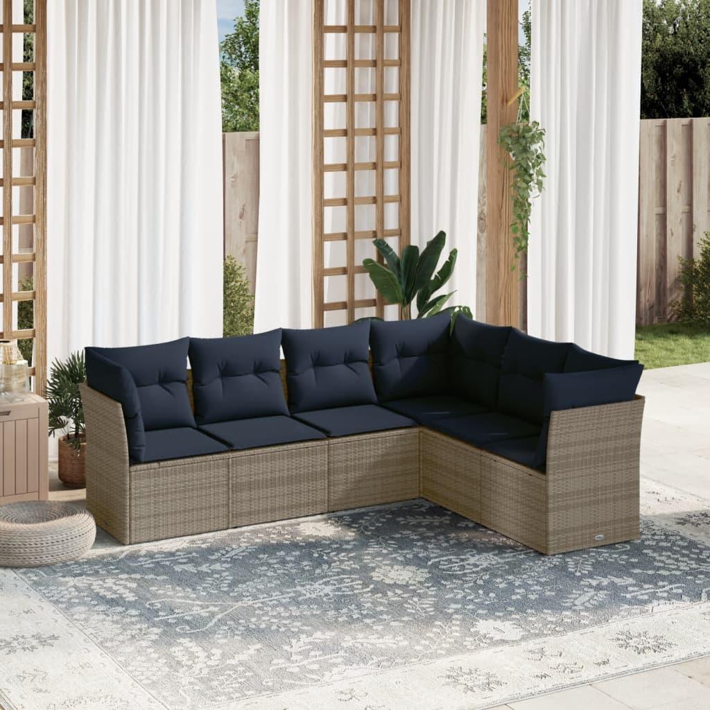 Havesofasæt i polyrattan - 6 dele med marineblå hynder, grå