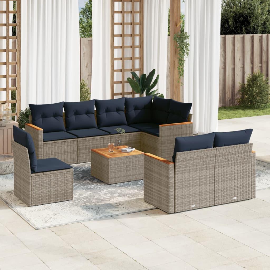 Havesofasæt i grå polyrattan med marineblå hynder - 9 dele, modulært loungesæt