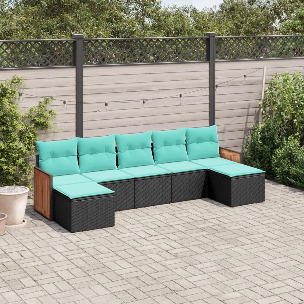 Havesofasæt i sort polyrattan med 7 blå hynder - modulært