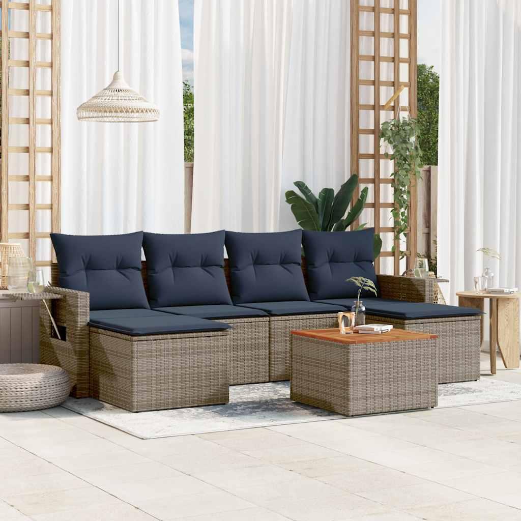 Havesofasæt i grå polyrattan - 7 dele med marineblå hynder