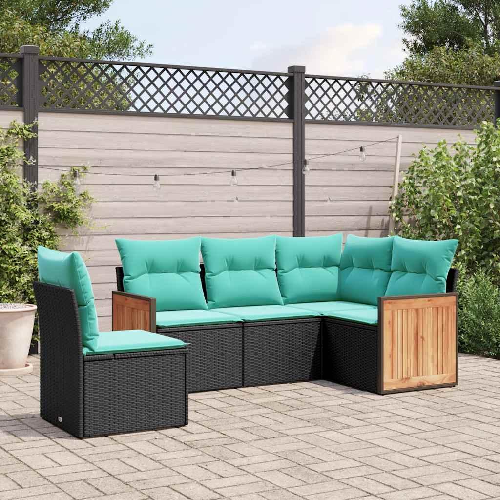 Havesofasæt med 5 dele og hynder sort polyrattan