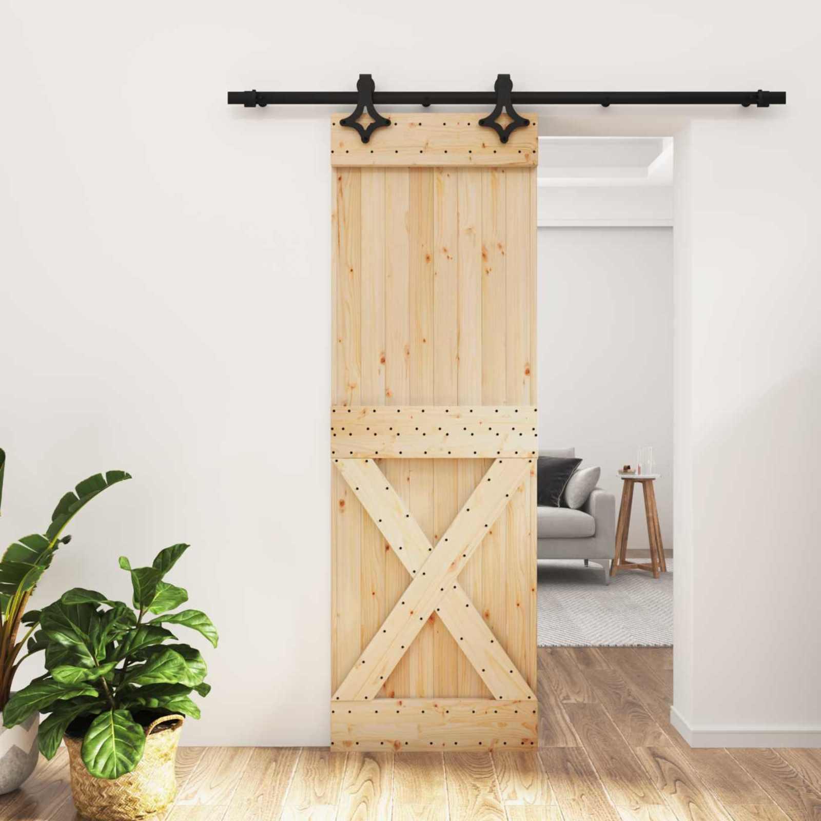 Skydedør i massivt fyrretræ - natur/sort 70 × 210 cm
