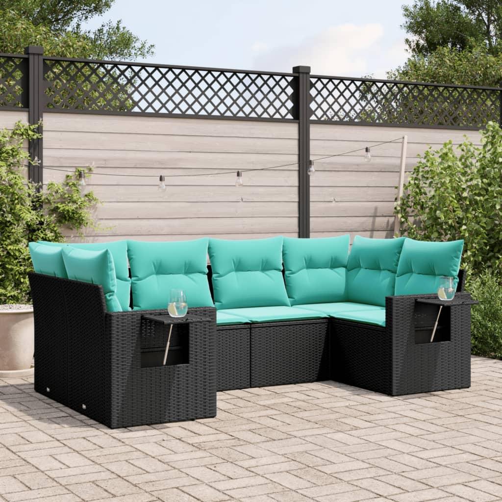 Havesofasæt i sort polyrattan med 6 blå hynder - modulært hjørnesæt med foldbare sideborde