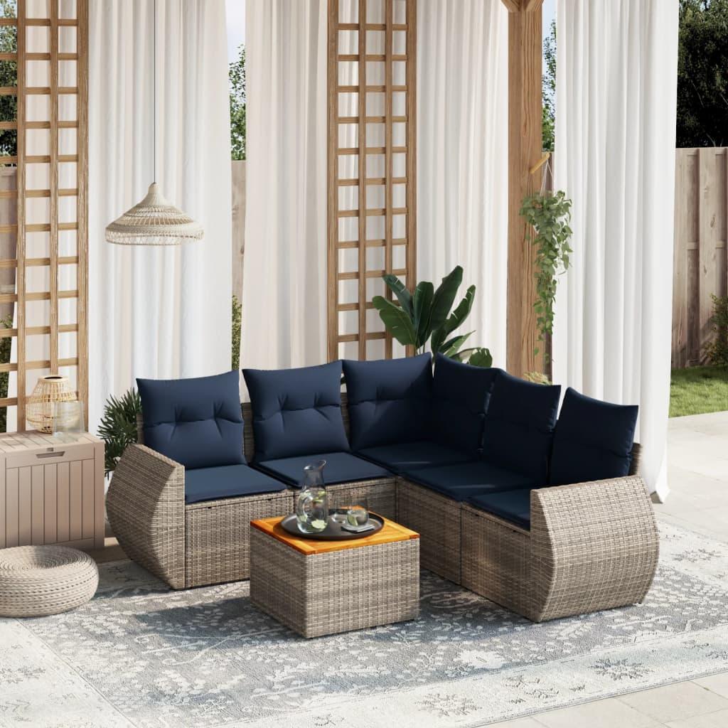 Havesofasæt i grå polyrattan - 6 dele med marineblå hynder