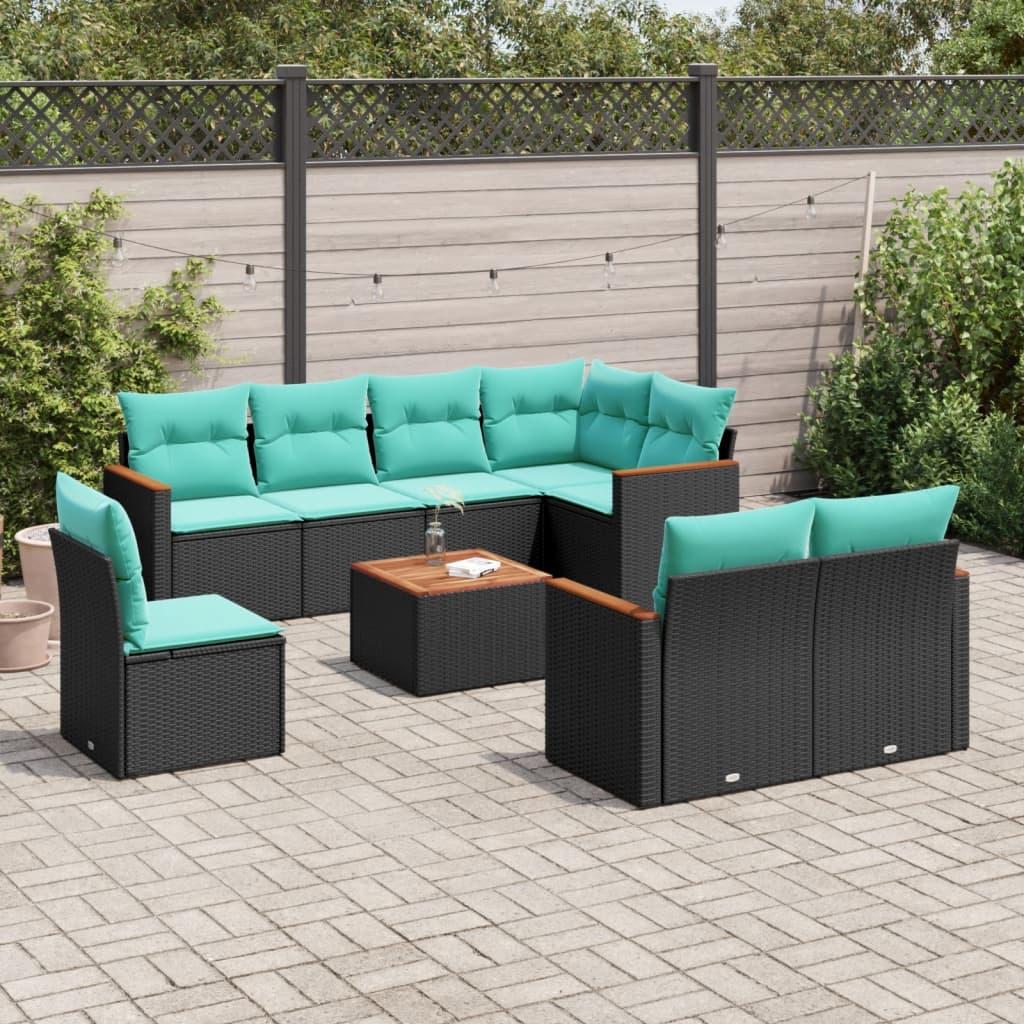 Havesofasæt i sort polyrattan med 9 dele og blå hynder
