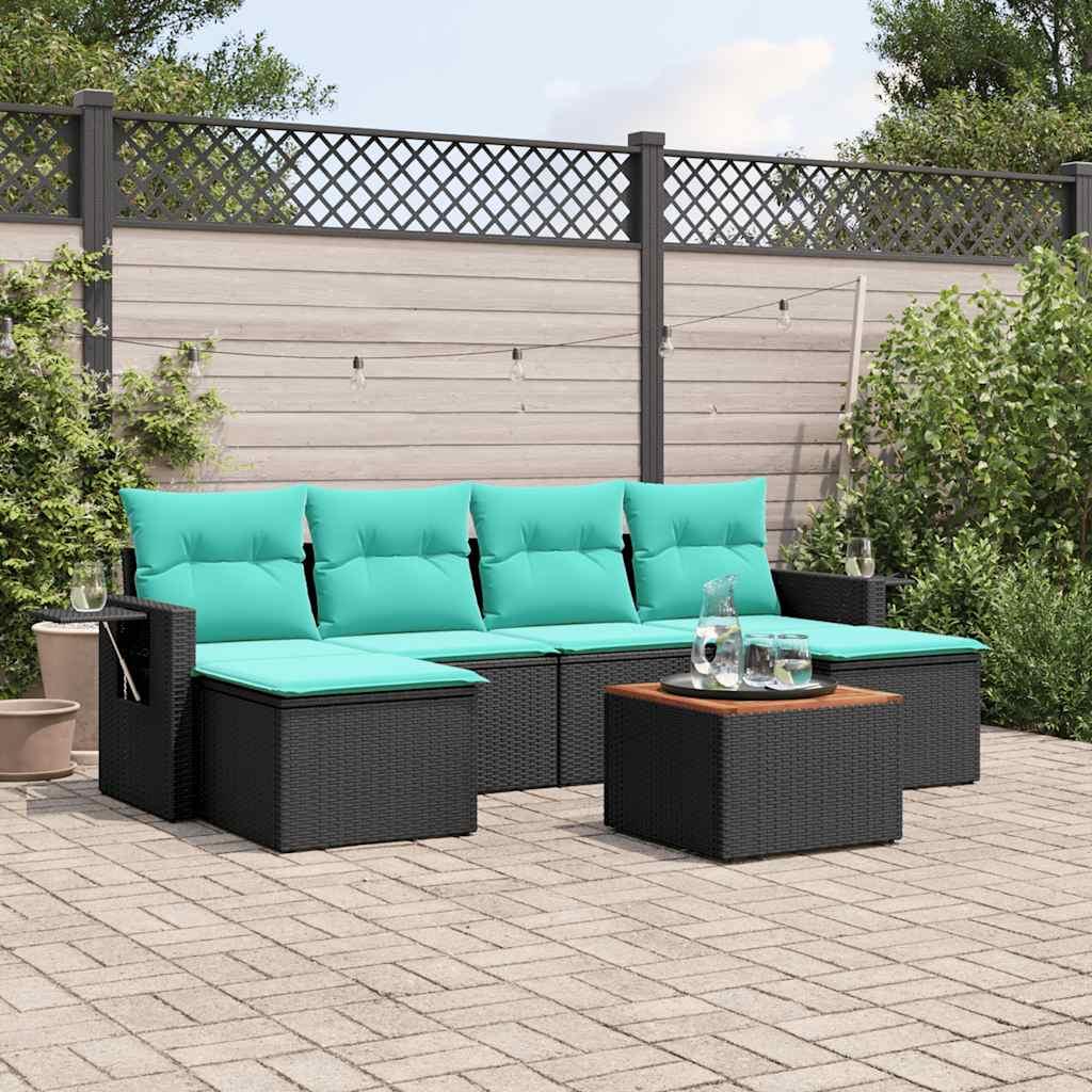 Havesofasæt i sort polyrattan med 7 blå hynder - modulært loungesæt med bord